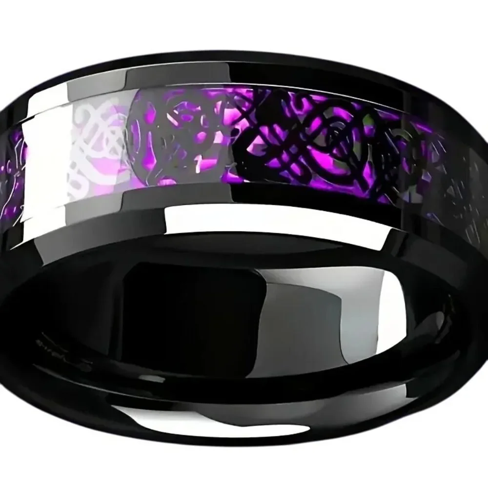 Tungsten Steel Carbide & Purple Carbon Inlay Dragon Design statement Ring